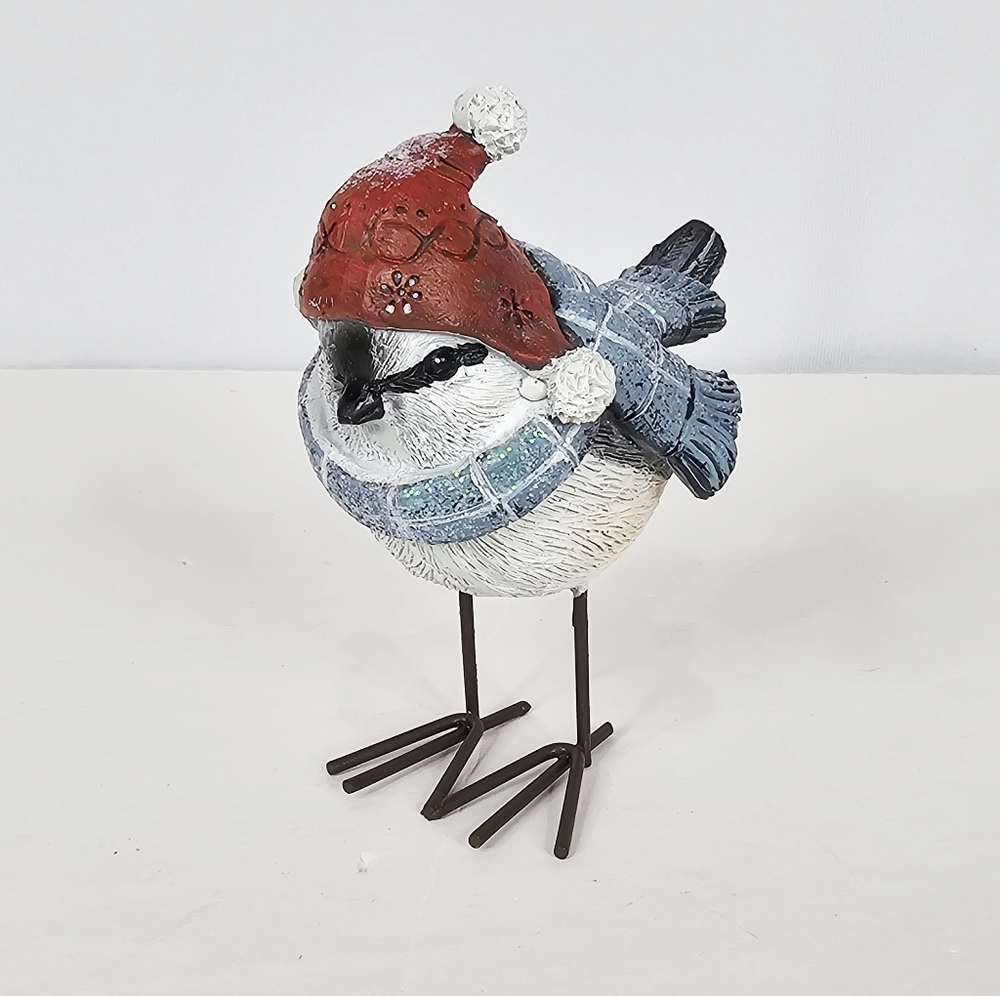 Festive Bird Figurine with Red Hat and Blue Scarf
